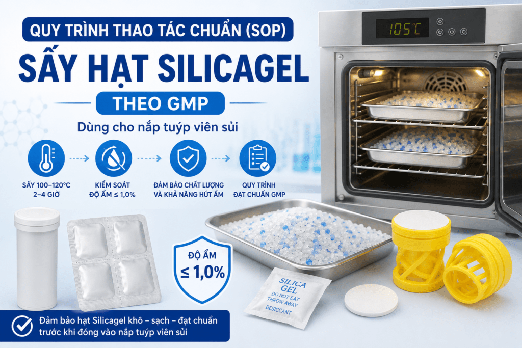 Quy trình sấy hạt silicagel cho đóng nắp viên sủi